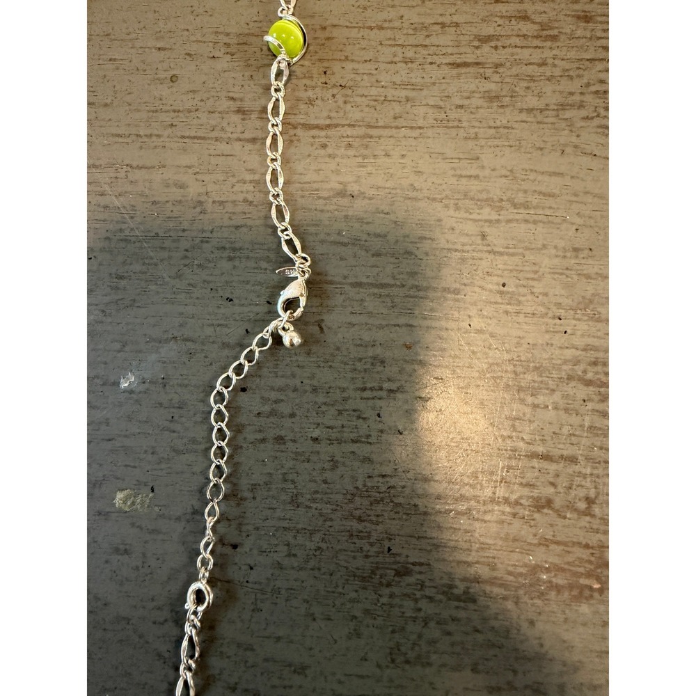 vintage Silver Tone Lime Green Cat Eye Bead Wire Wrapped Station Necklace 18" - Picture 3 of 4